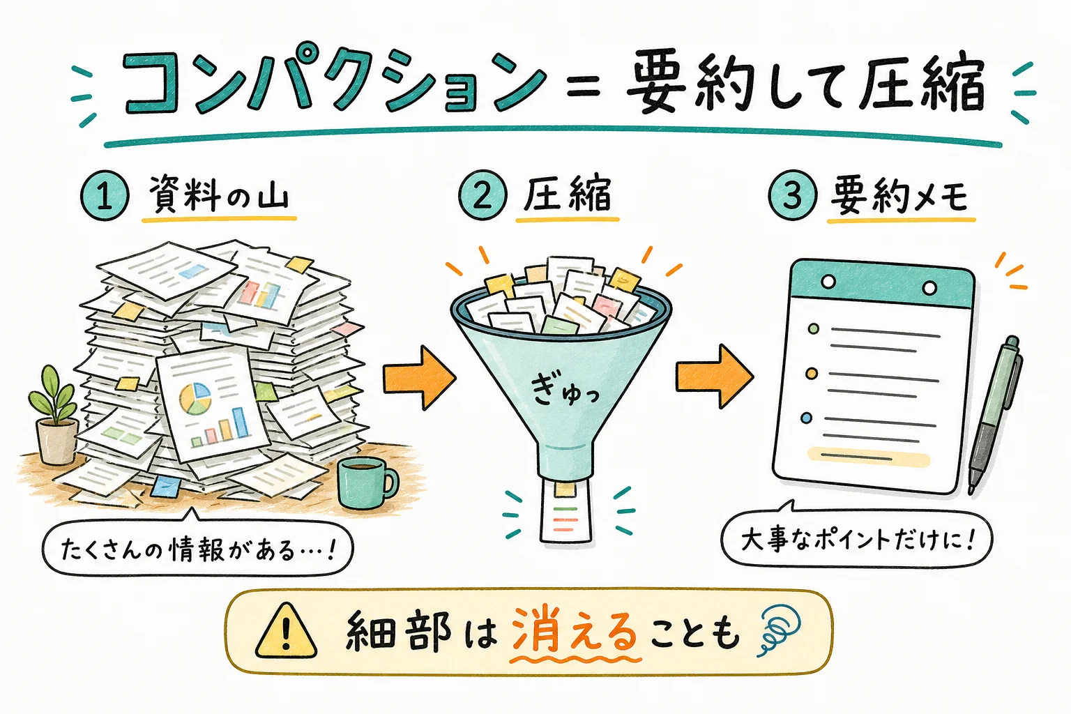 資料の山 → 要約メモ1枚 → 細部が消える