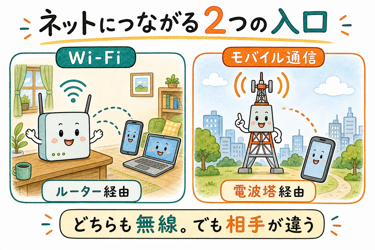 Wi-Fi=自宅ルーター経由 / モバイル通信=電波塔経由