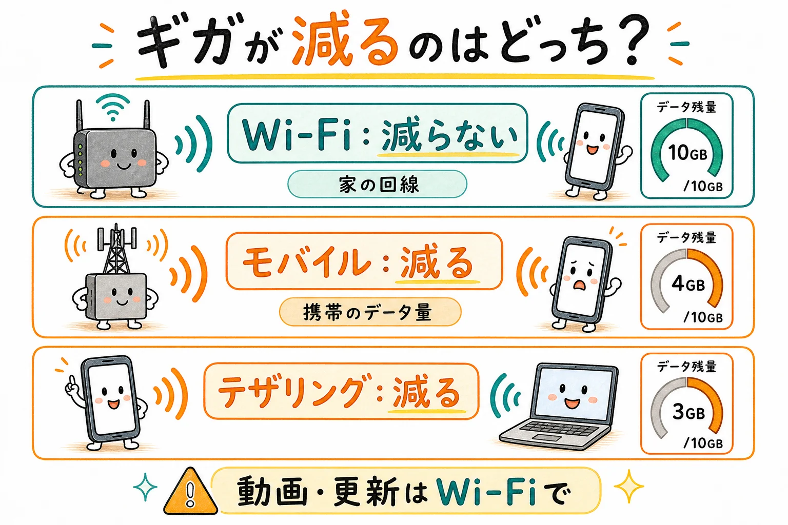 ギガが減るのはモバイル通信を使ったときだけ