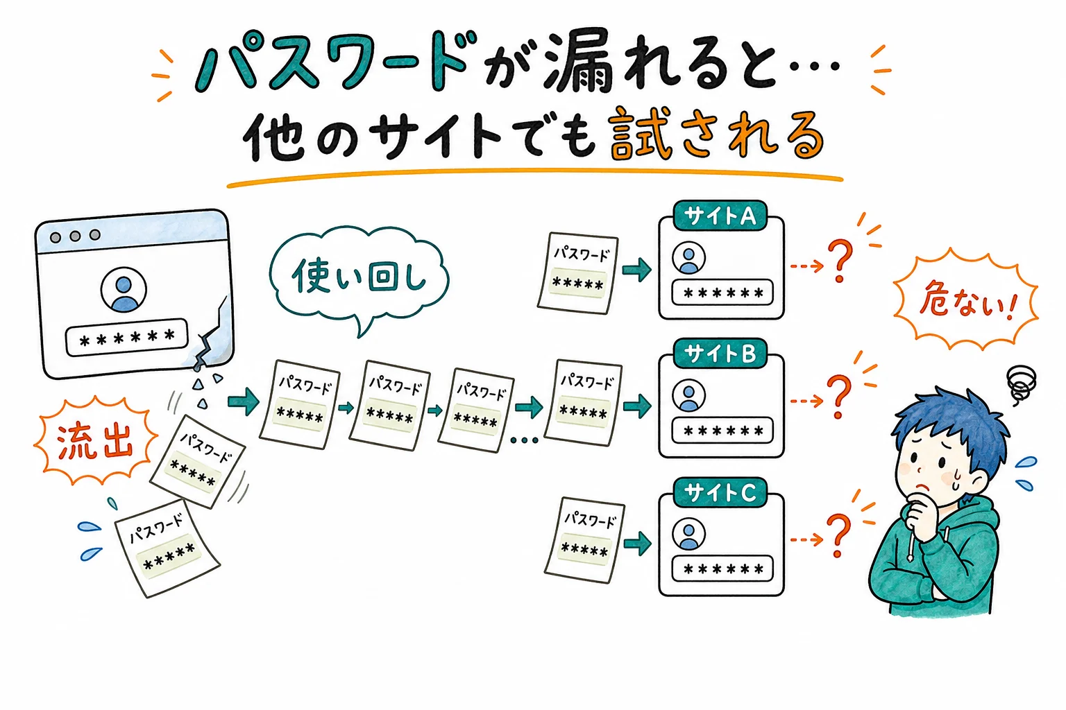 パスワード流出 → 他サイトで使い回されるリスク