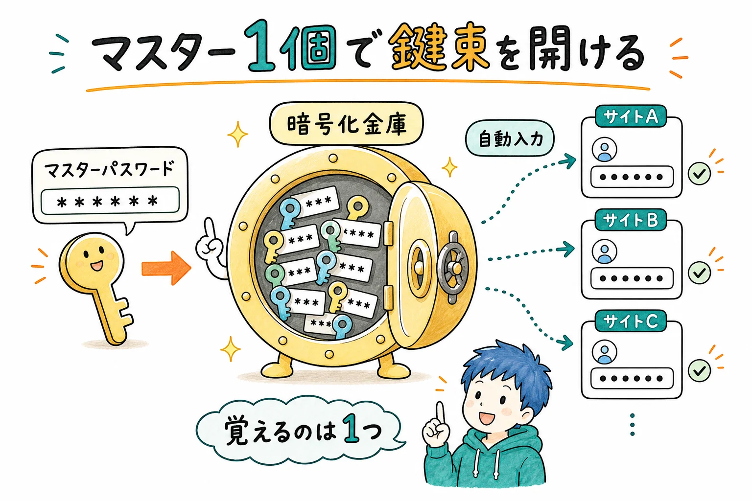 パスワードマネージャー=全パスワードを1つの金庫に