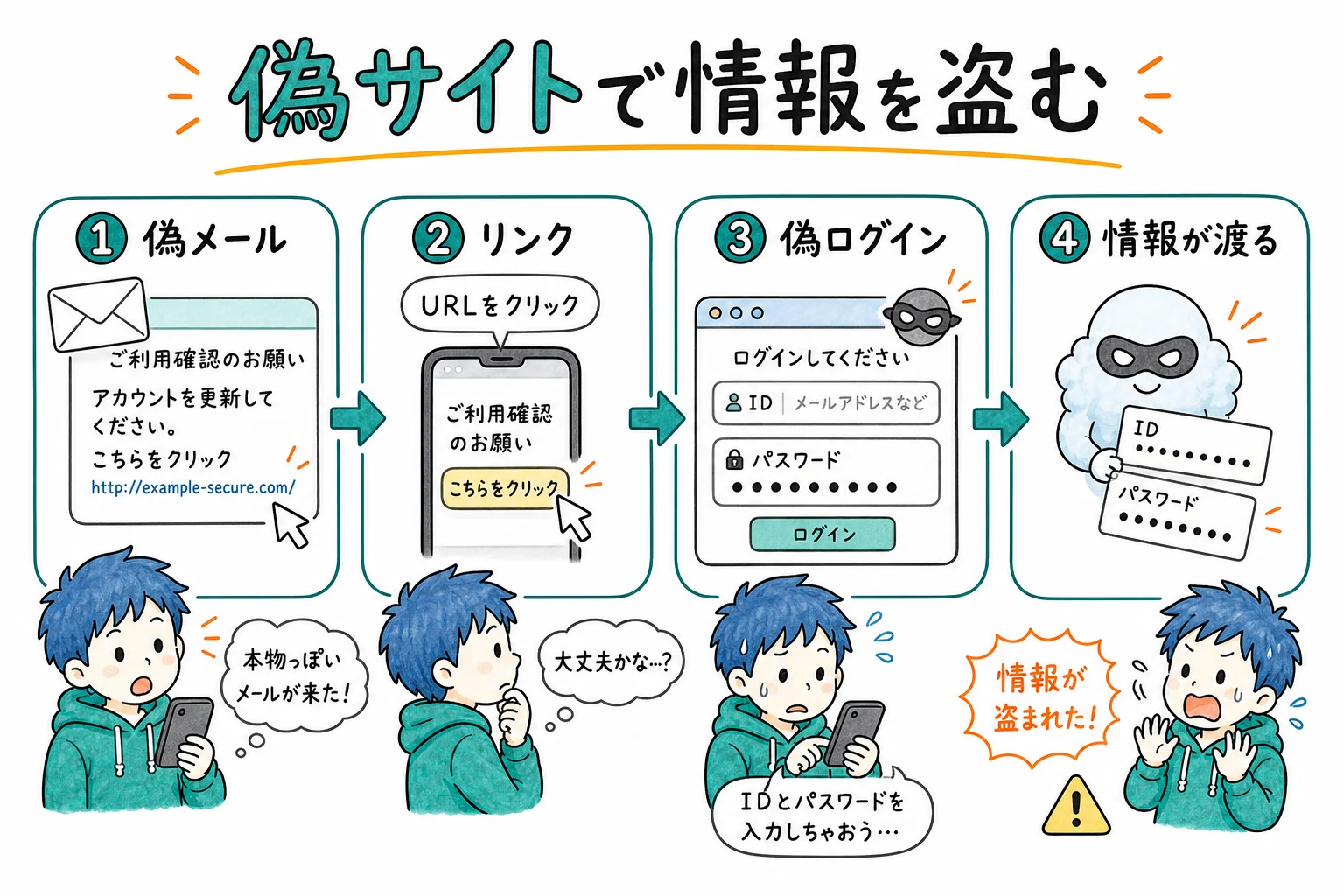 フィッシング詐欺=偽物サイトに誘導してログイン情報を盗む