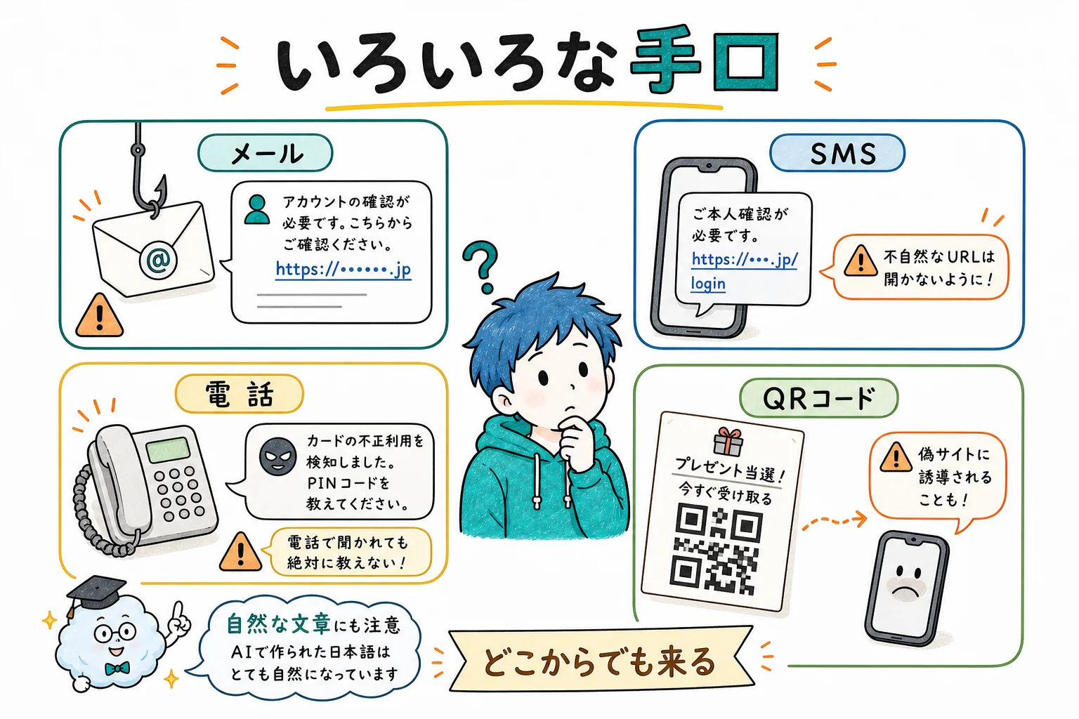 メール/SMS/電話/QR の4つの手口