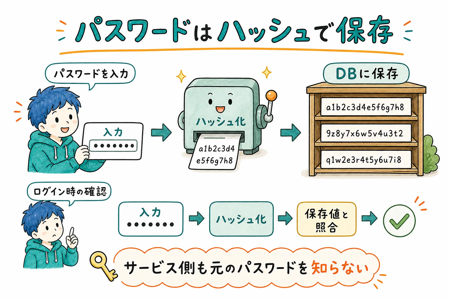 パスワード保存の流れ:そのままじゃなくハッシュ値でDBに保存
