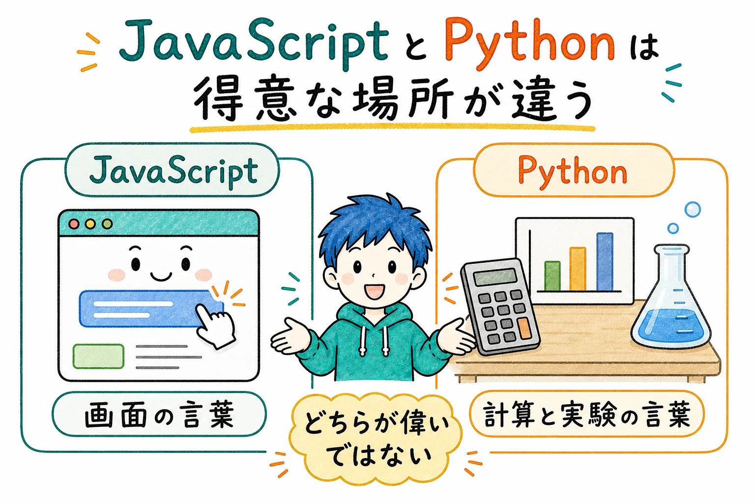 JavaScriptは画面の言葉、Pythonは計算と実験の言葉