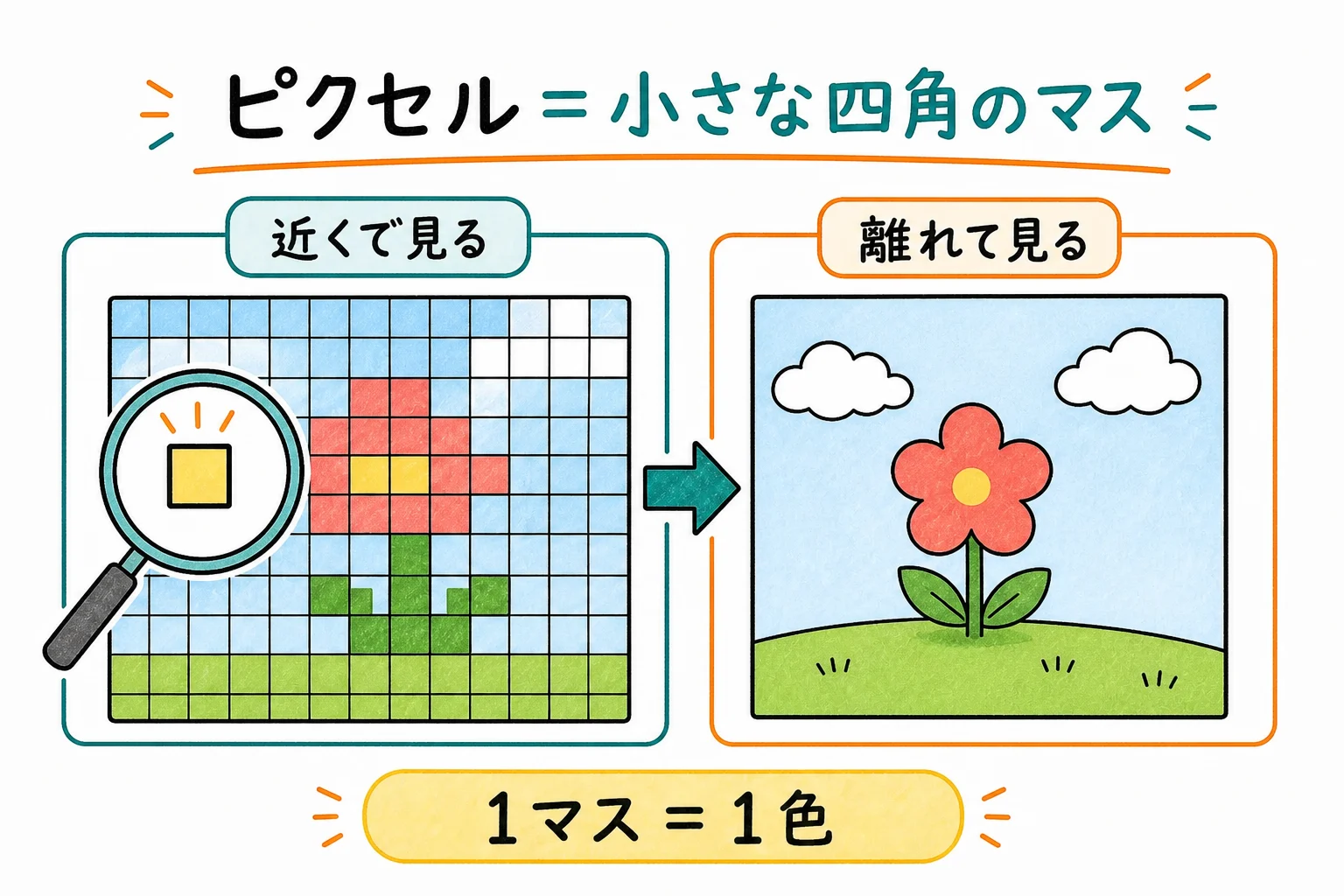 方眼紙のマスを1つずつ1色で塗ると絵になる、というピクセルの仕組み