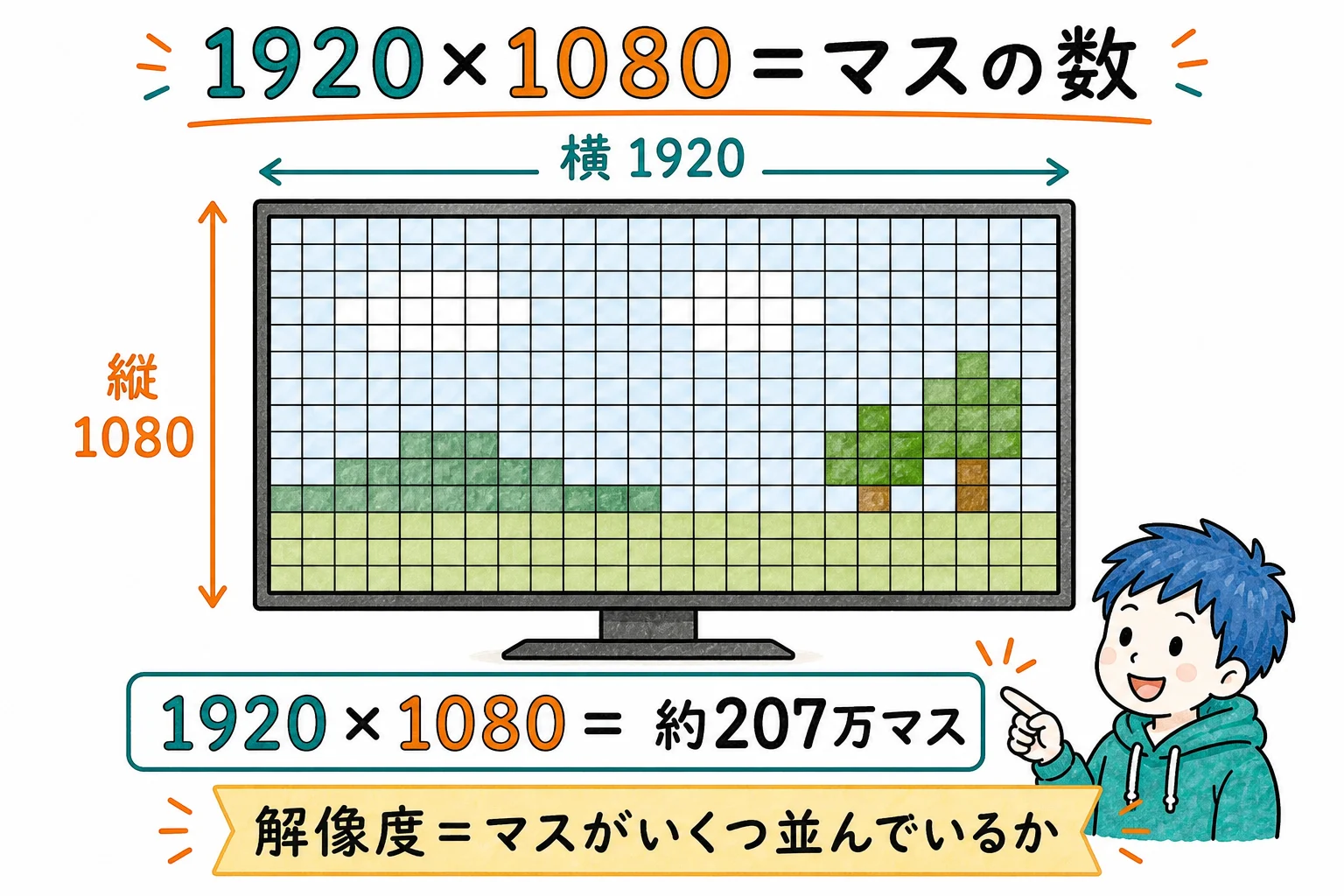 1920×1080は横1920マス縦1080マスで、かけ算すると約207万マスになる