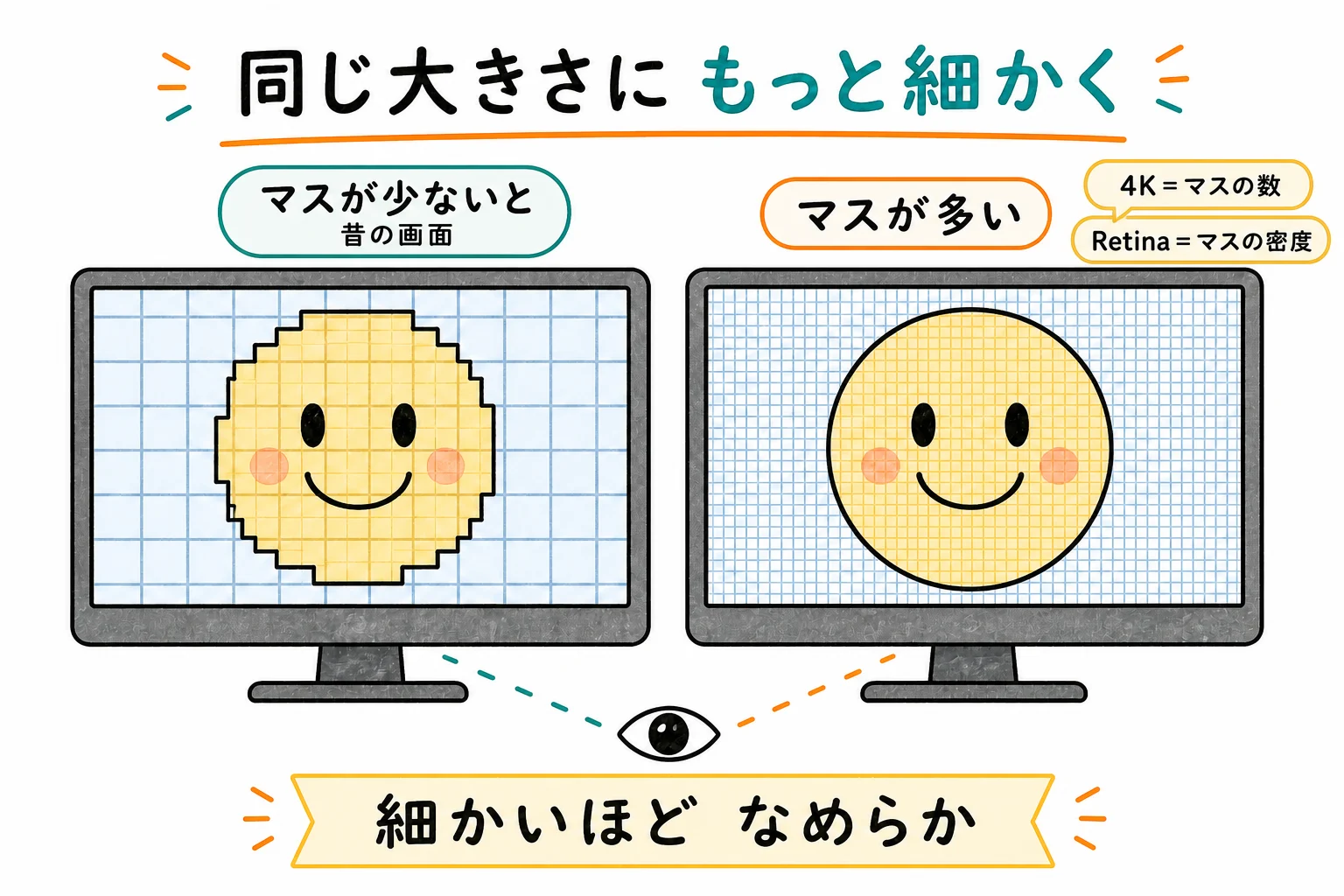 同じ大きさの画面にマスを多く詰め込むと表示がなめらかになる。4Kはマスの数、Retinaはマスの密度