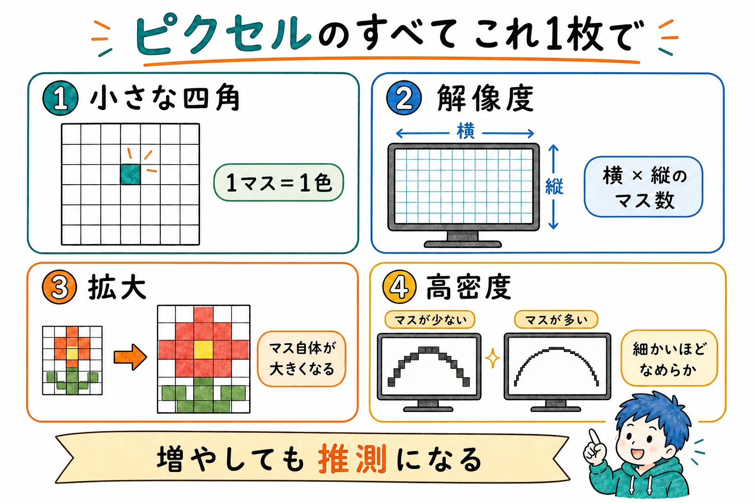 ピクセル＝1マス1色、解像度＝マスの数、拡大しても元の細かさは戻らない、4Kは数でRetinaは密度、をまとめた図