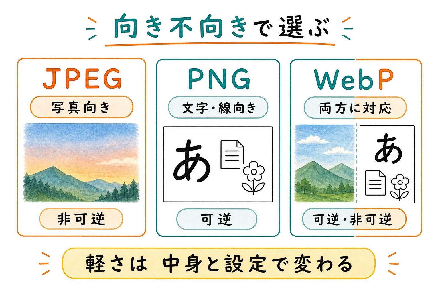 JPEGは写真向き、PNGは文字や図向き、WebPはどちらもいける