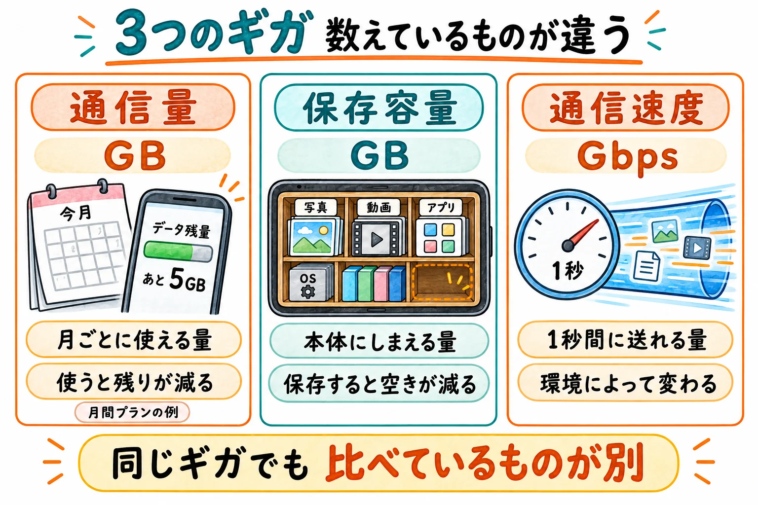 3つのギガを並べて区別する。データの通信量、データを保存しておける容量、データの通信速度