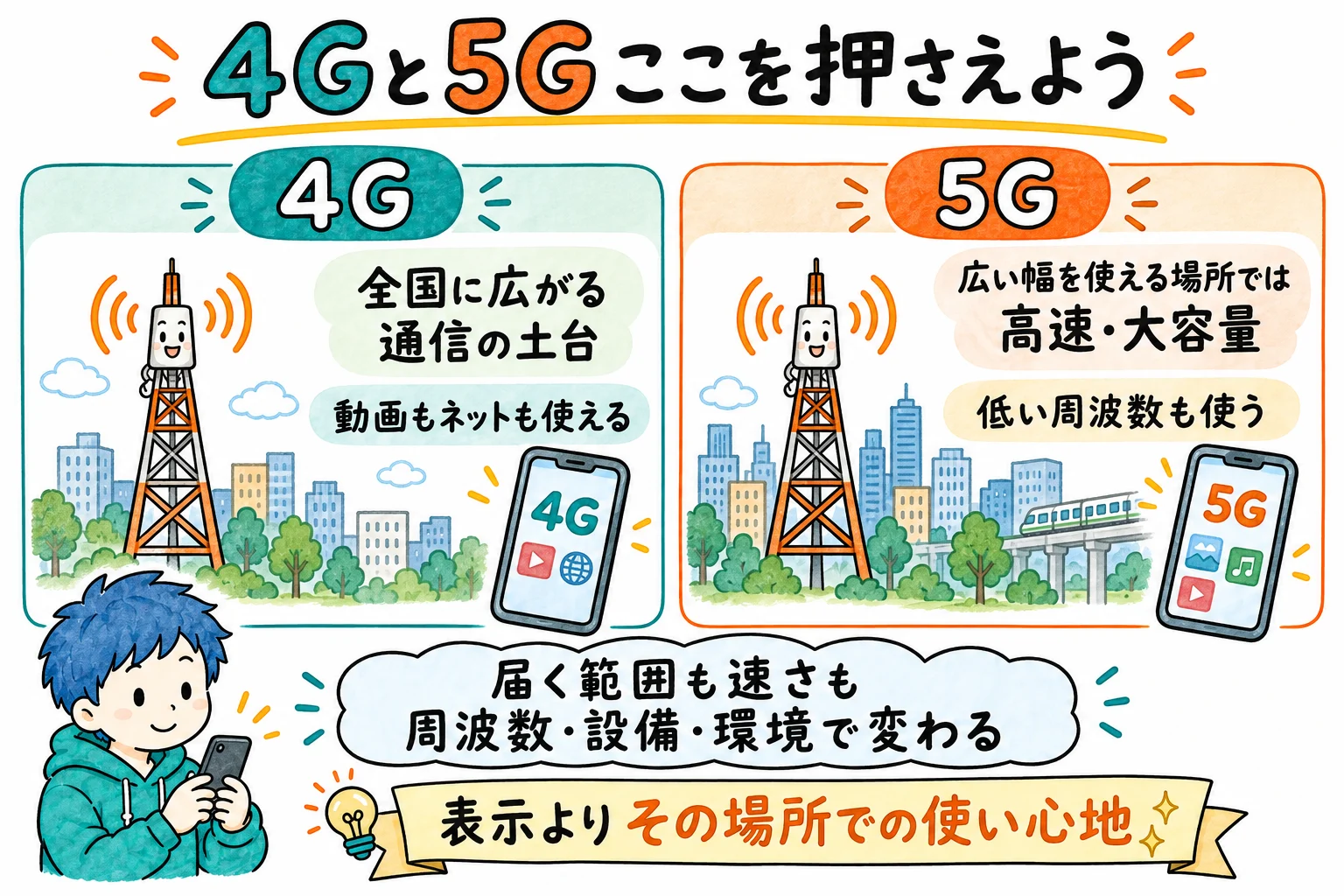 4Gは全国に広がる通信の土台。5Gは広い幅を使える場所で高速・大容量を実現し、低い周波数も使う。届く範囲や速さは周波数・設備・環境で変わる