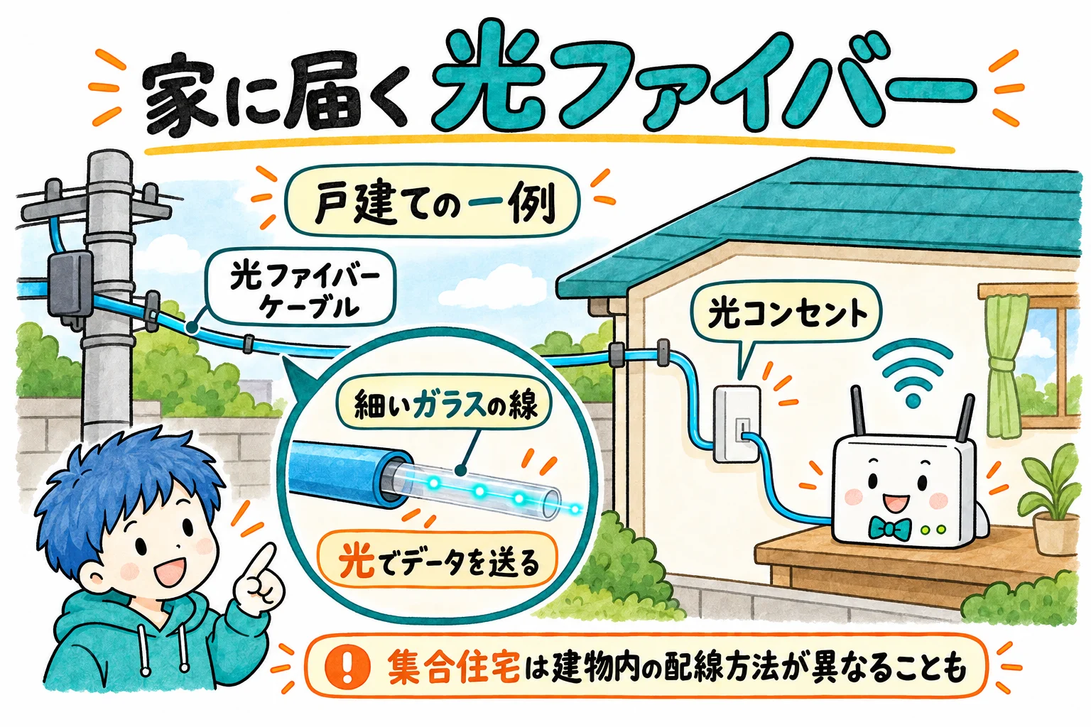 電柱から家の壁まで光ファイバーの線が実際に引かれている。線の中を光の点滅でデータが送られる