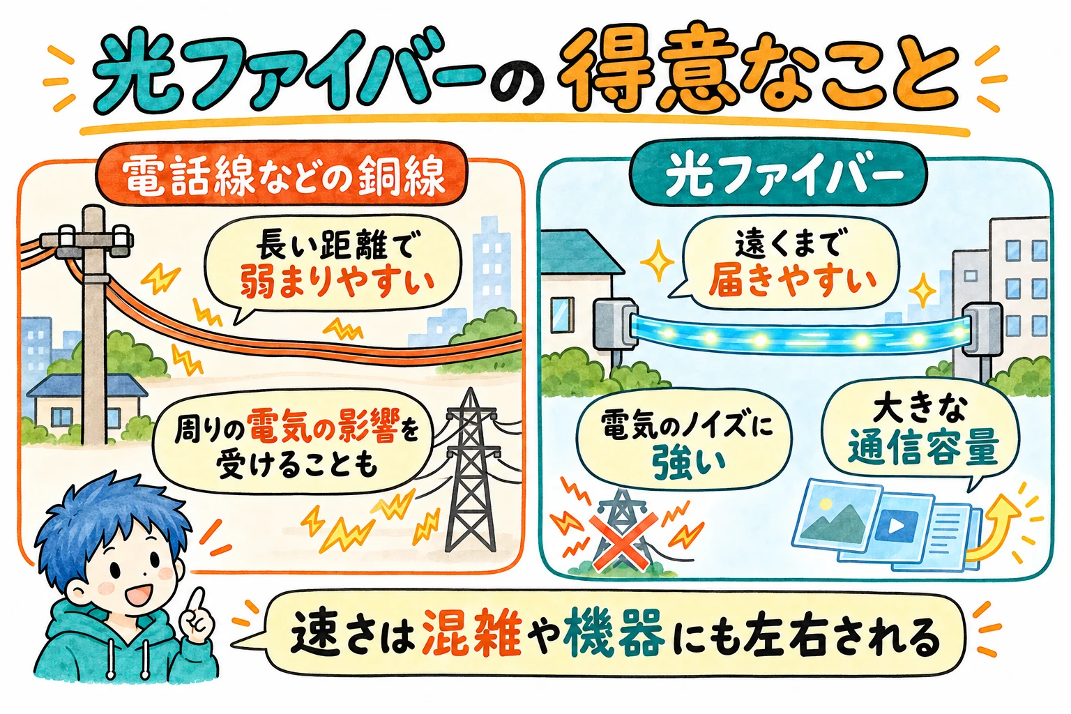 電気の信号は遠くまで送ると弱り、周りの電気の影響も受ける。光の信号は遠くまで弱りにくく、周りの電気の影響を受けない