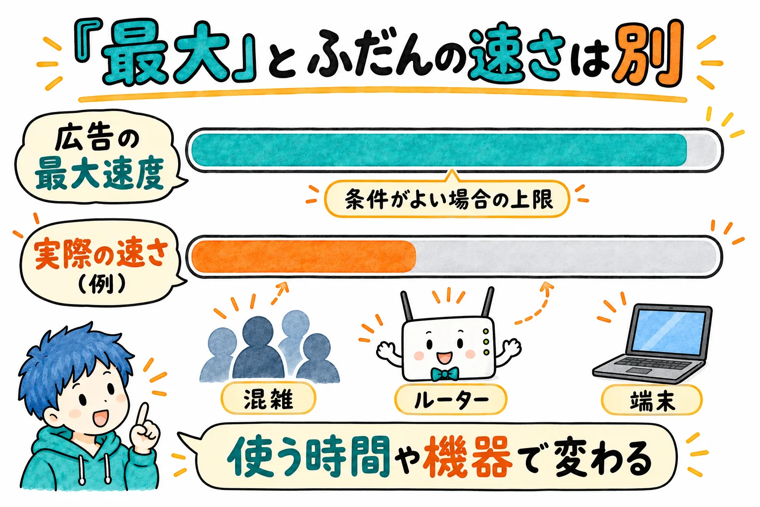広告の最大1Gbpsは理論上の上限。実際の速さは時間帯や家の中の機器で変わる