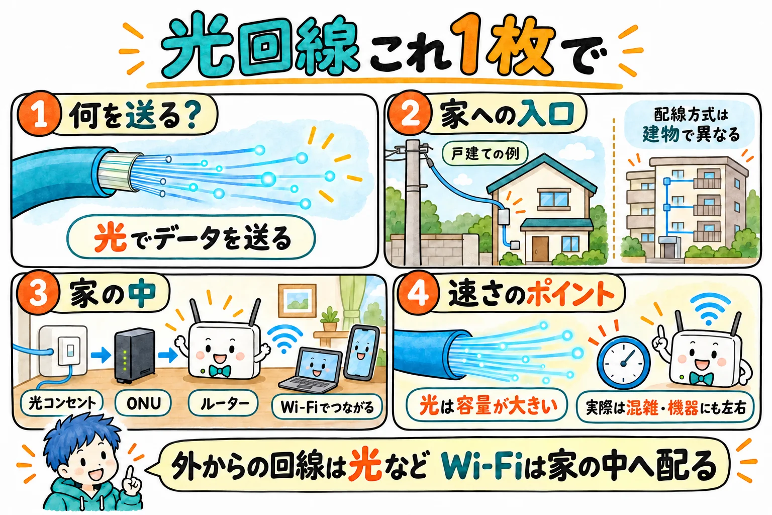 光回線の話、これ1枚で。家まで来ているガラスの線、光で送るから速くて安定、光回線は外からの道でWi-Fiは家の中へ配る手段