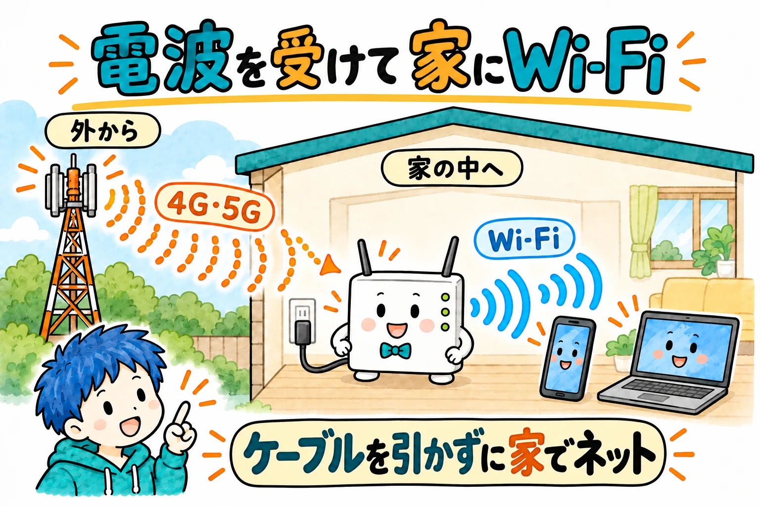 電波塔の電波をホームルーターが受け、家の中にWi-Fiで配る