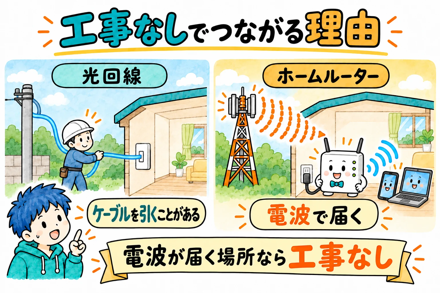 光回線はケーブルを引くので工事が要る。ホームルーターは電波を受けるので工事がいらない