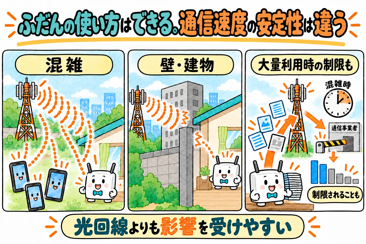 通信速度が安定しにくい3つの理由。電波の混雑、壁や建物、大量利用時の制限