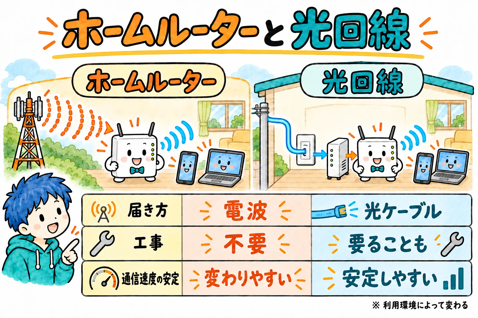 ホームルーターと光回線を、届き方・工事・通信速度の安定で比較