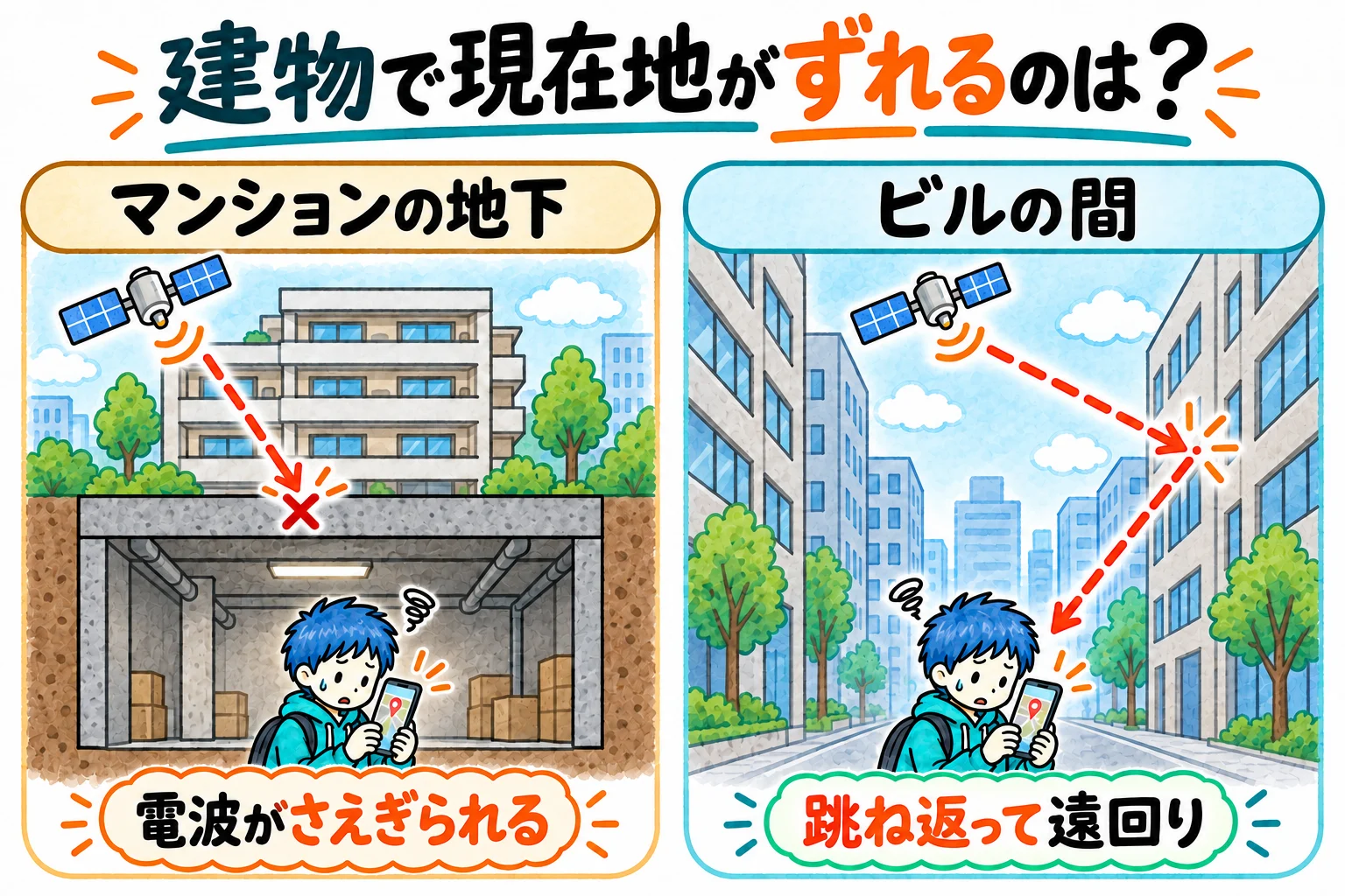マンションの地下では衛星の電波が遮られ、ビルの間では壁で跳ね返って遠回りする。どちらもスマホの現在地がずれる原因になる