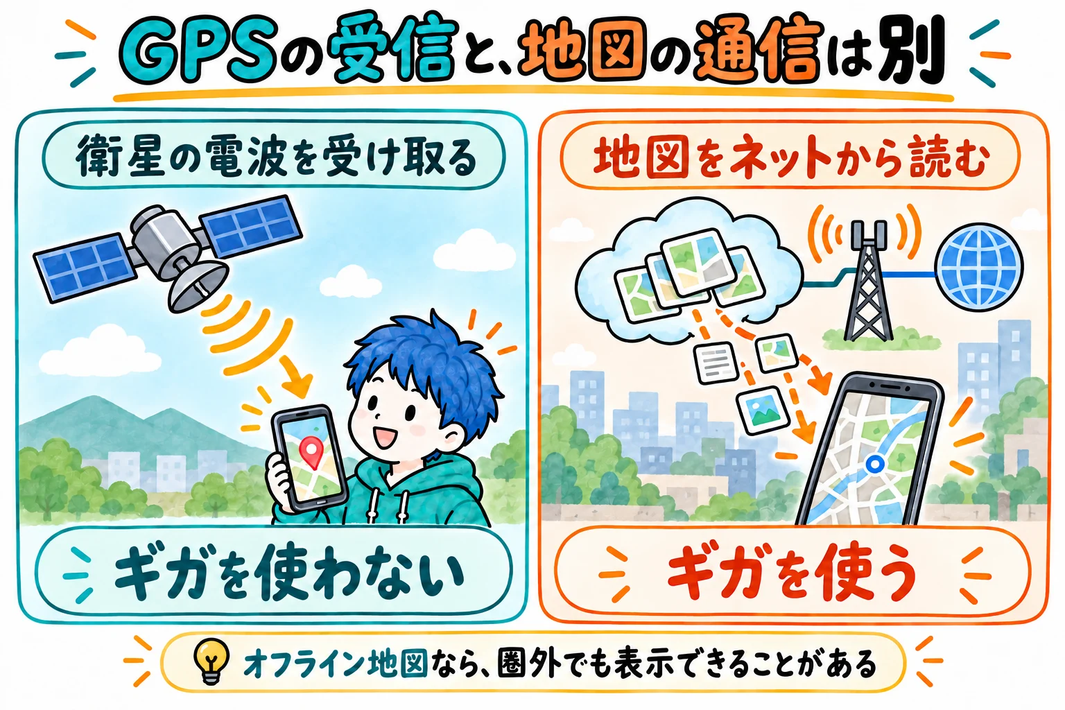 衛星の電波を受け取るのに通信量はかからない。地図の画像を読み込むのには通信量を使う