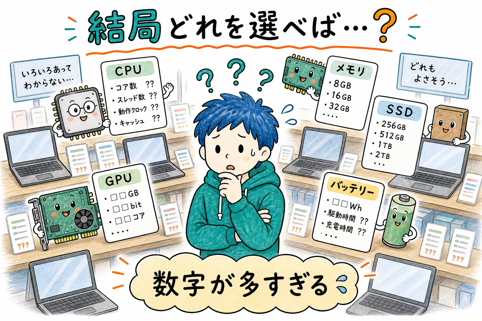 家電量販店でPC選びに迷うシーン