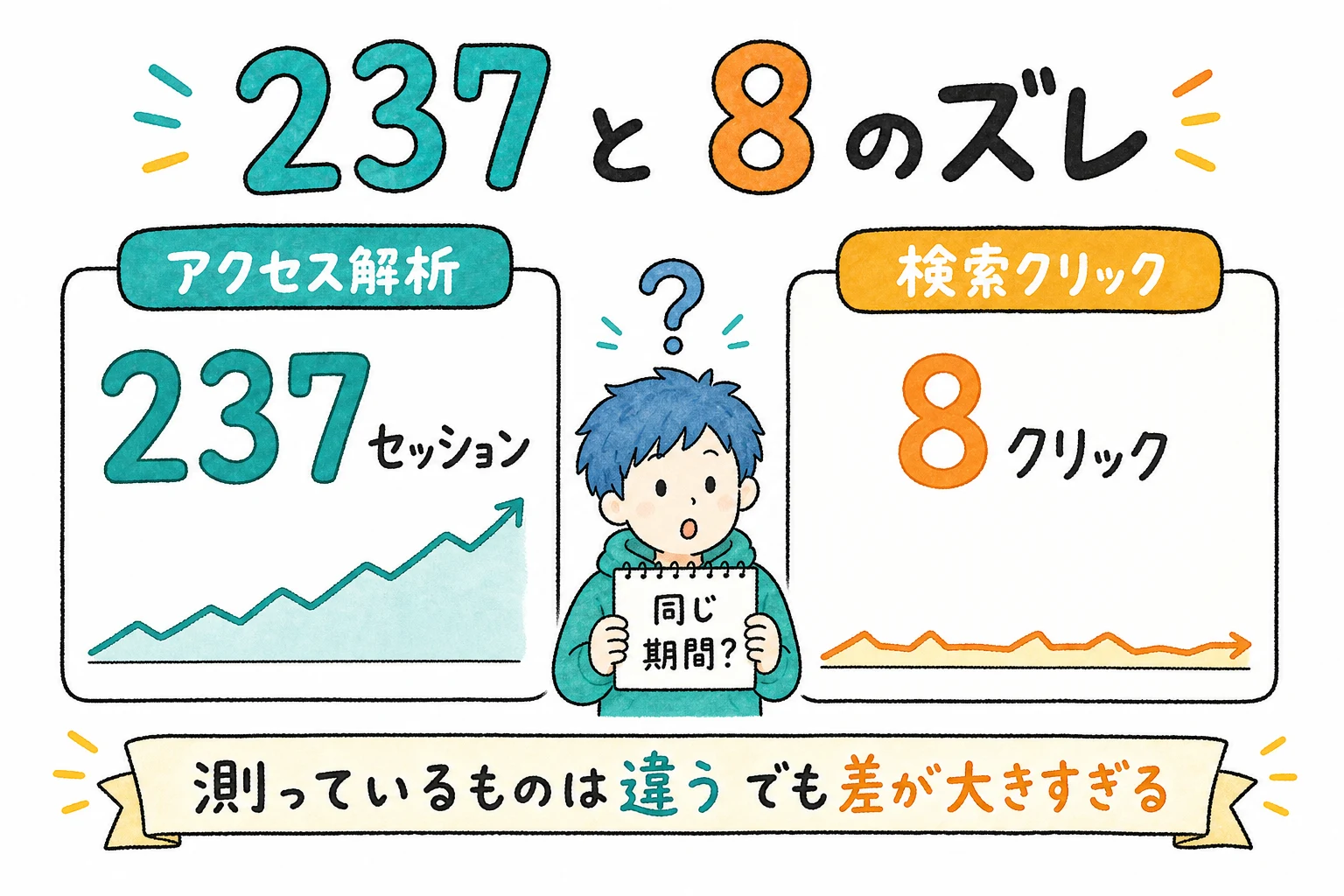 アクセス解析は237セッション、Search Consoleは8クリック。数字が大きく食い違っている