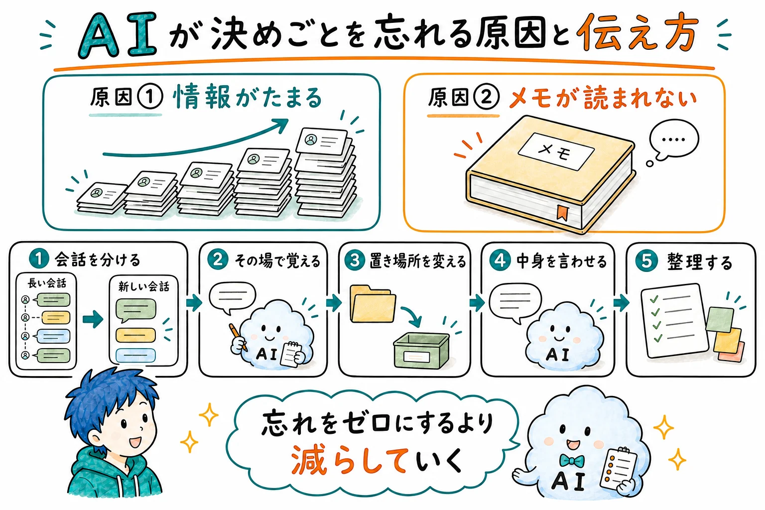 AIが決めごとを忘れる原因2つと、使う側が助ける伝え方5つ、これ1枚で